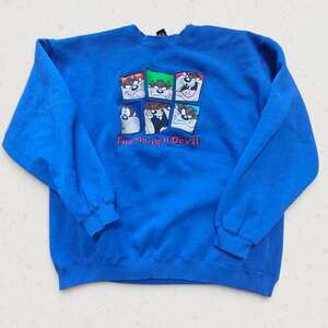Warner Bros Sweatshirt Taz Tasmanian Devil Embroidered Blue Size L Vintage 90s